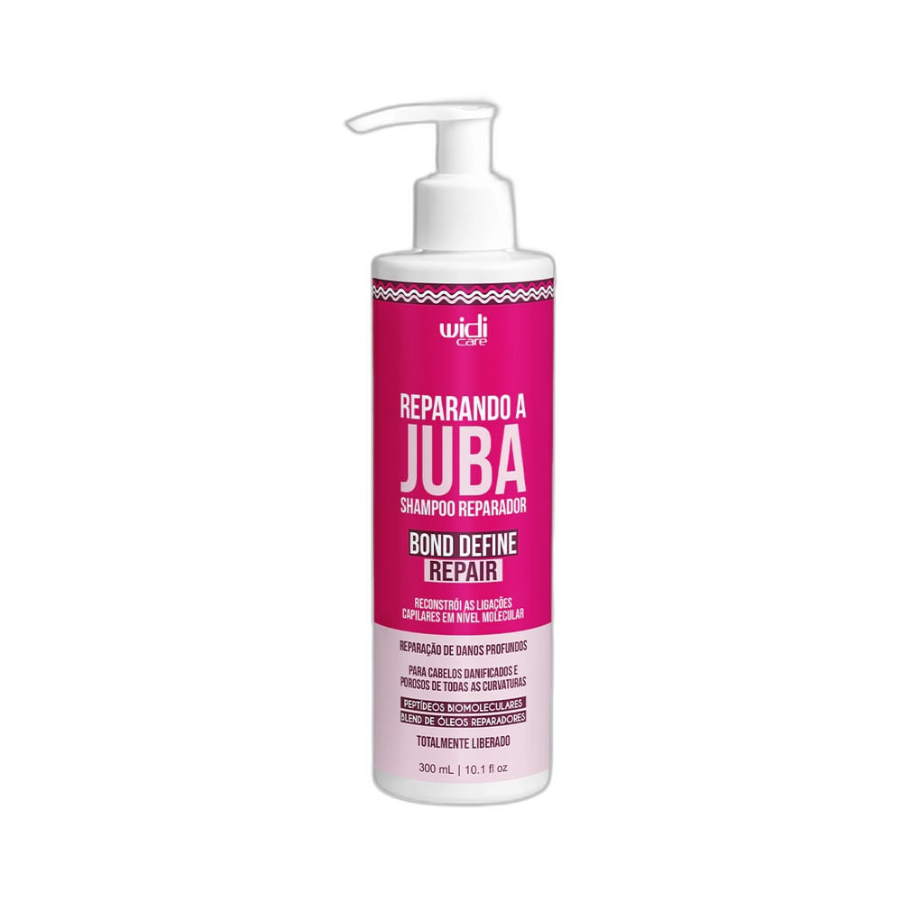 Frasco de Shampoo Widi Care Reparando a Juba Bond Define Repair 300ml com rótulo rosa pink